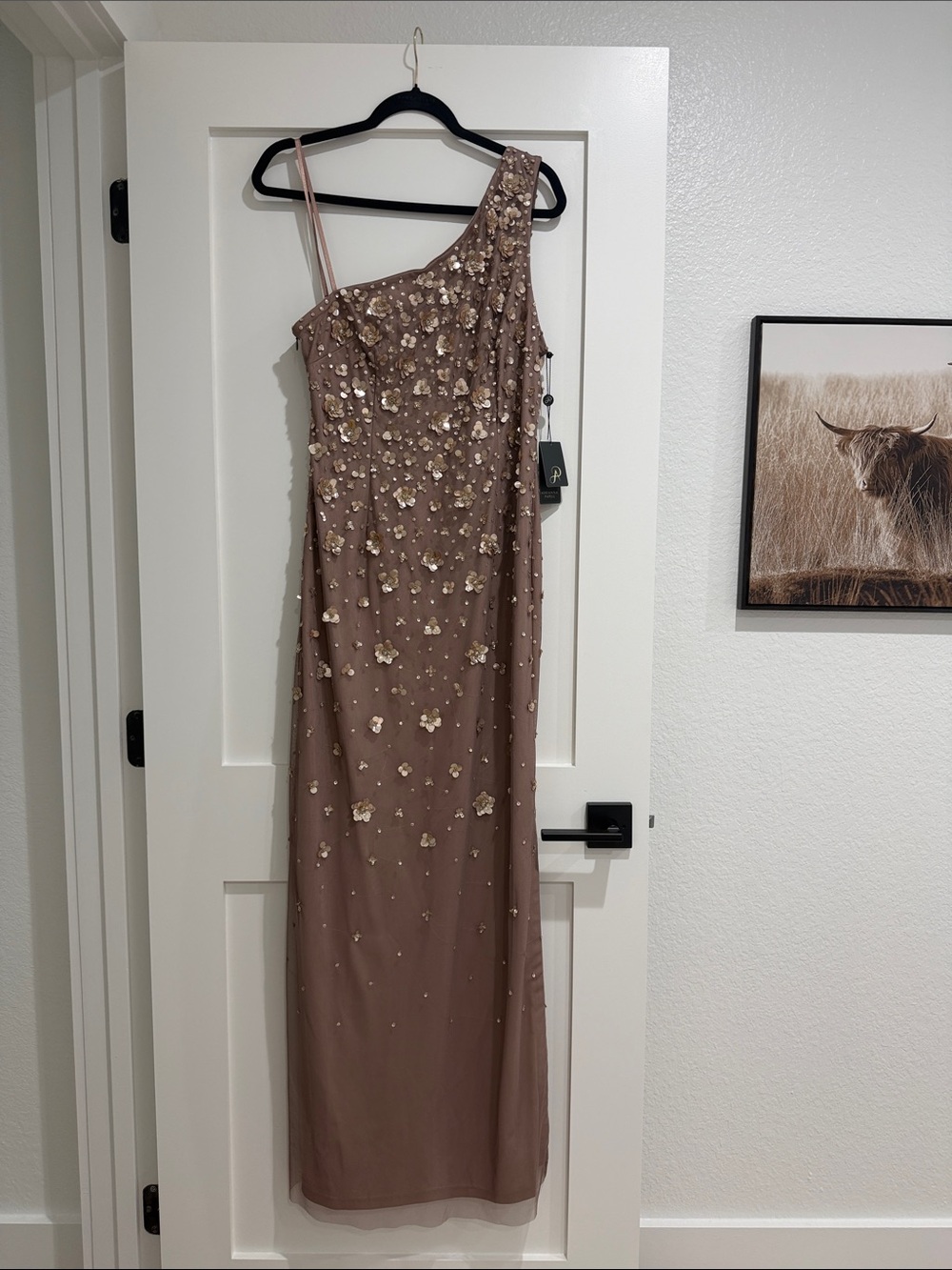 Adrianna Papell One-Shoulder Taupe Gown with Gold Floral Embellishment